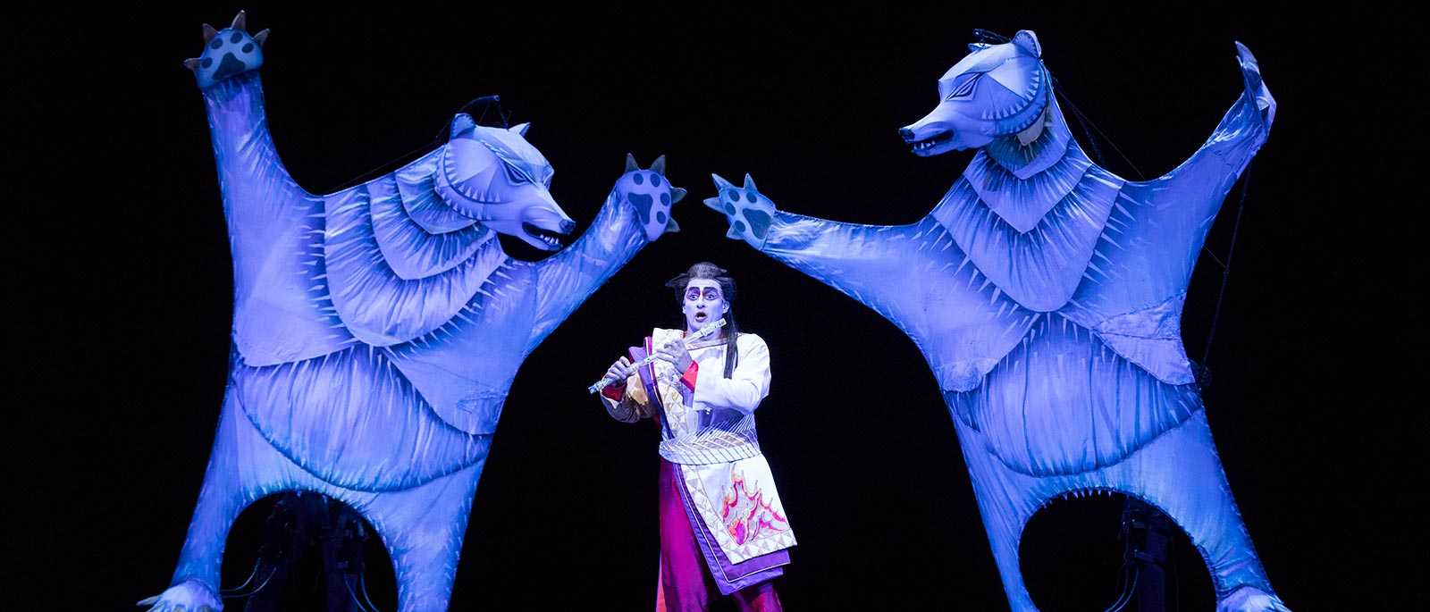 Tamino tames some bears with his Magic Flute, in Julie Taymor’s production of The Magic Flute at the Metropolitan Opera House